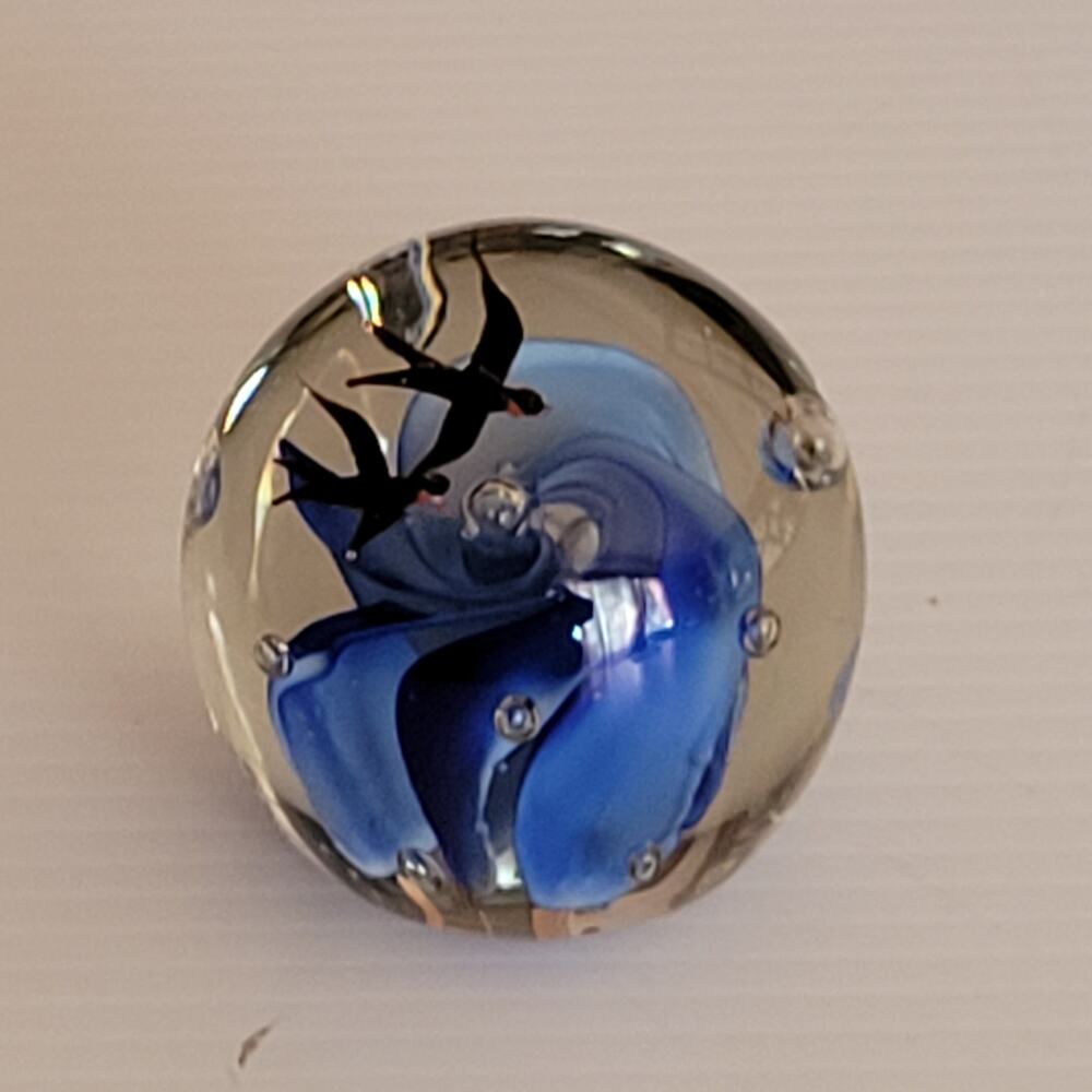 Vintage Hand Blown Art Glass Paperweight , Bullicante Blue Flower Black Birds